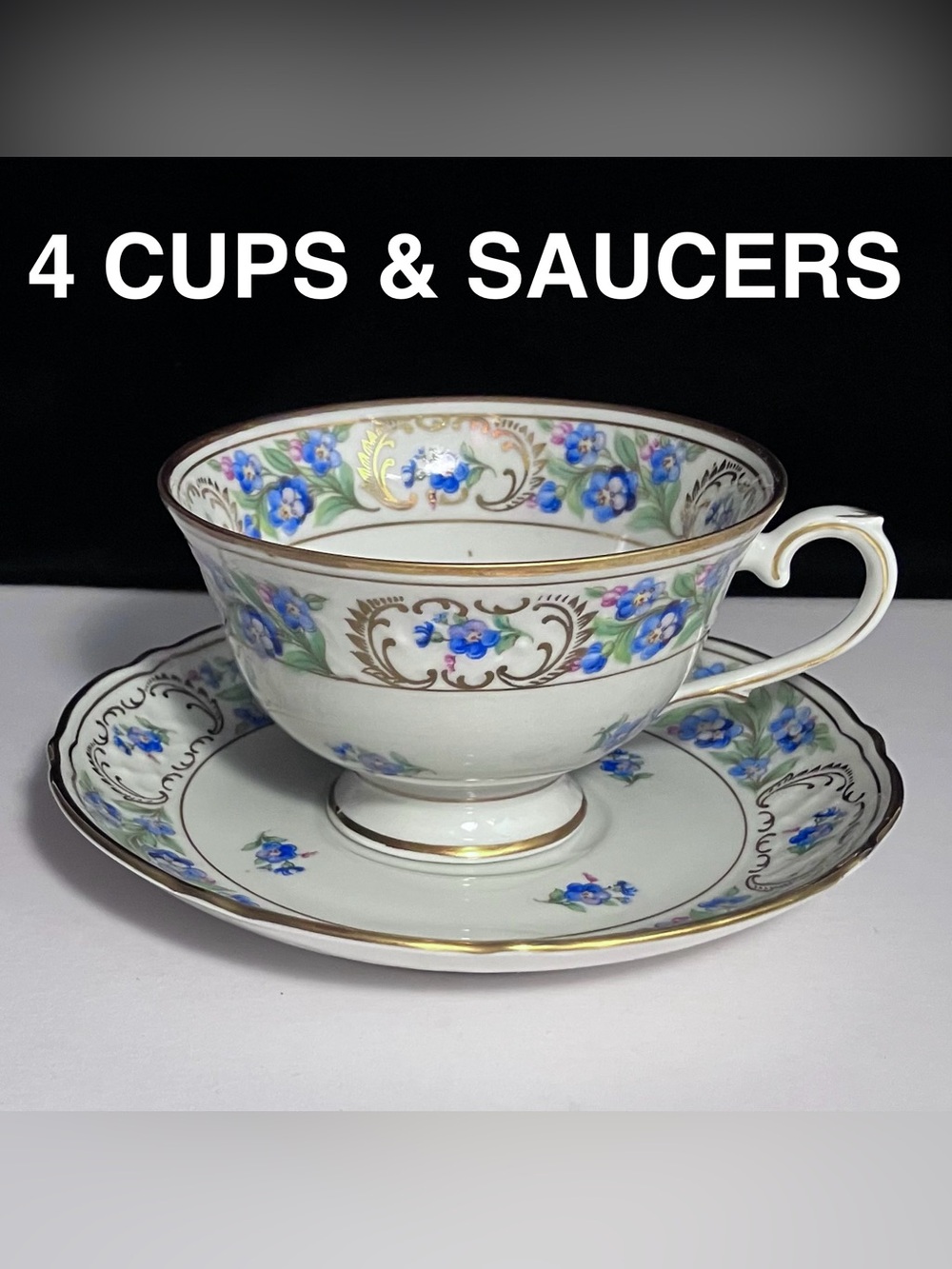 SCHUMANN Forget Me Not / 4 FOOTED CUPS & Saucers / RARE 1950s BAVARIAN PORCELAIN